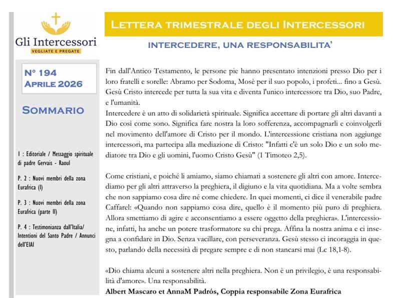 Lettera agli intercessori 194 2026 Intercedere, una responsabilità